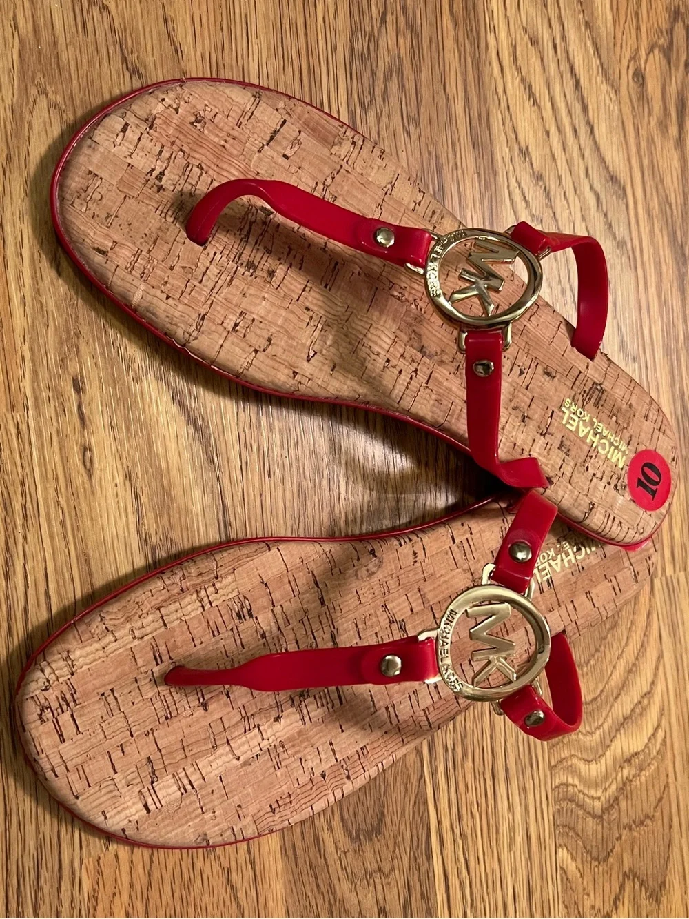 Michael Kors Red Logo Charm Jelly T-Strap Cork Sandals/Flip Flops.
